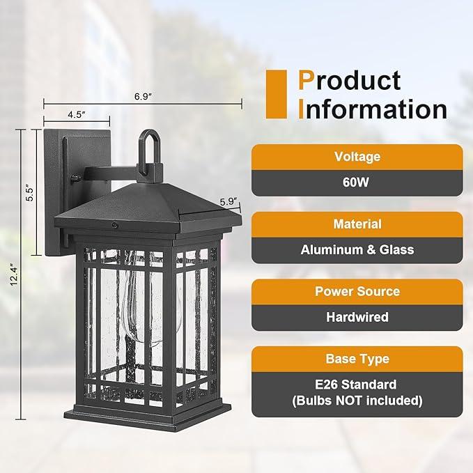 Outdoor Porch Lights Wall Mount, 12.4 Inch Outdoor Wall Lantern With E26 Sockets & Seeded Glass, Classic Exterior Lighting Fixtures, Waterproof Porch Light Fixtures For Garage (Bulbs Not Include)
