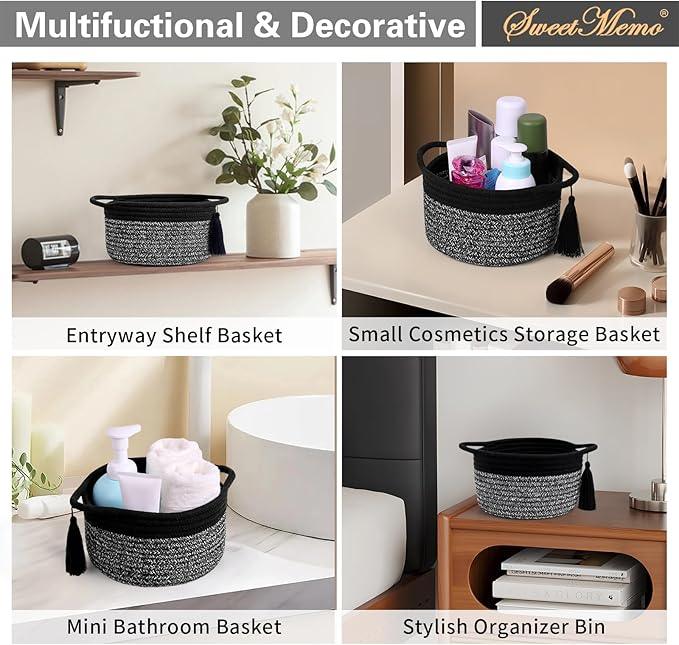 Empty Gift Basket Mini Woven Rope Organizer Baskets for Baby Shower, Vanity, Makeup Brushes, Bathroom, Shelves, Desk - Small Decorative Storage Bins - Set of 2, Pre-Shaped, Black Grey