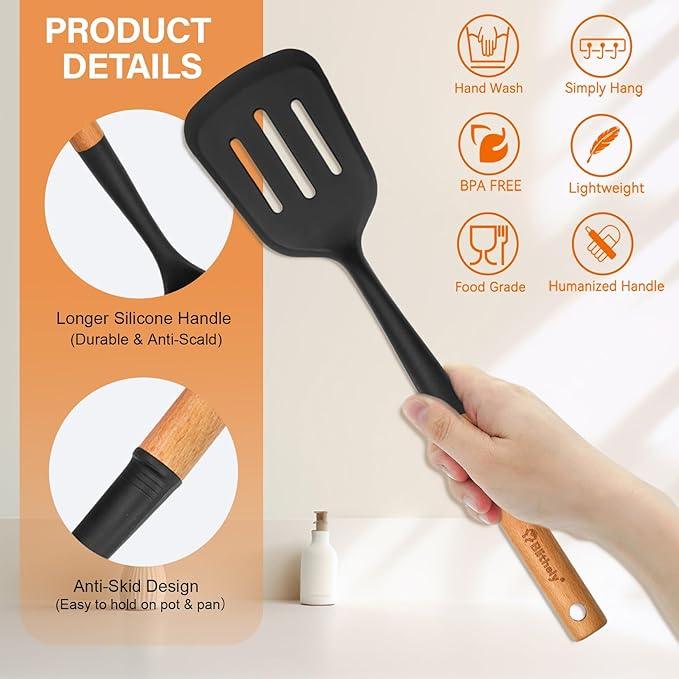 Silicone Cooking Utensils Set, 6 Pack Large Kitchen Utensils Set with Wooden Handle, Heat Resistant Silicone Utensil Spatula Set for Nonstick Cookware, Spatula, Turner, Spoon, Ladle BPA Free (Black)