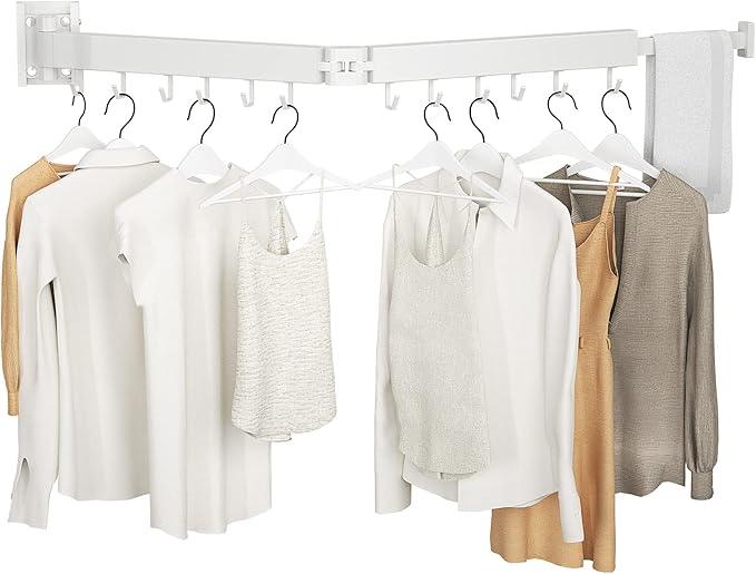 Foldable Clothes Drying Rack, 2 Fold Laundry Drying Rack Wall Mount, [No Drilling] Folding & Durable Space Saver for Laundry, Balcony, Bathroom, Patio, Dormitory, Apartment-White