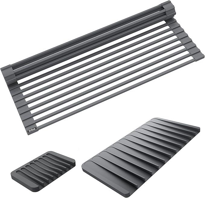 Kraus Roll Up Dish Drying Rack with Self-Draining Silicone Dish Drying Mat and Silicone Soap Dish Holder in Dark Grey, KDM-KRM-10DG