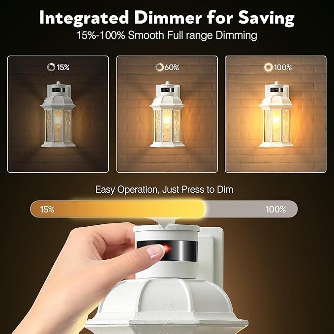 VIANIS White Motion Sensor Exterior Wall Light Lantern, Modern Dusk to Dawn Outdoor Porch Light Fixtures Wall Mount, Waterproof Outdoor Wall Sconce for Garage Entrance with Tempered Water-Ripple Glass