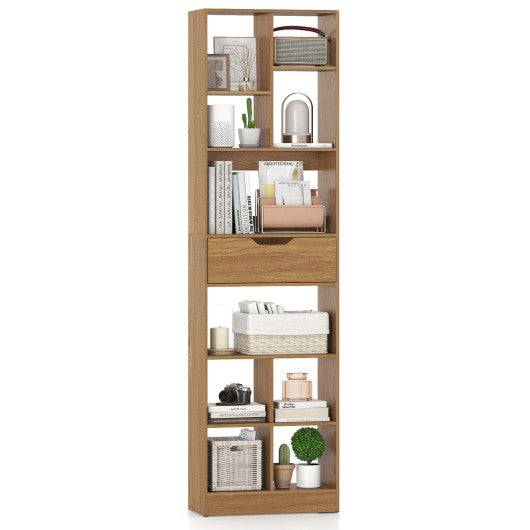 71inch Tall Freestanding Bookcase with Drawer 10-Cube Storage Organizer-Natural