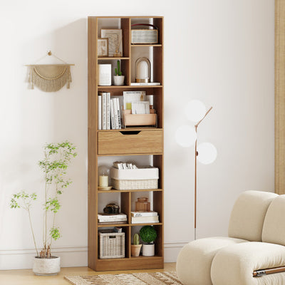 71inch Tall Freestanding Bookcase with Drawer 10-Cube Storage Organizer-Natural