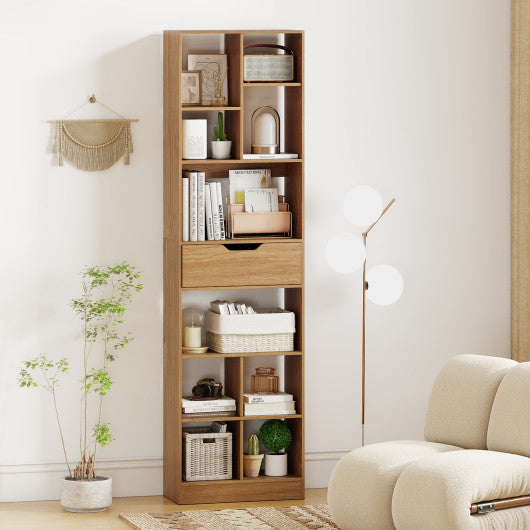 71inch Tall Freestanding Bookcase with Drawer 10-Cube Storage Organizer-Natural