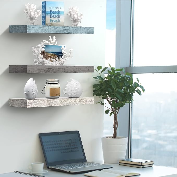 Sorbus Floating Shelves - 3 Pack 16 Inch Rustic Grey Blue Rustic Wall Shelves for Bedroom, Kitchen, Living Room, Bathroom Shelves, Home Decor, Office - Floating Shelf for Trophies, Frames