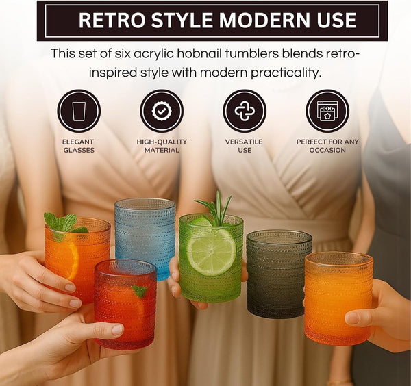 Khen Hobnail Acrylic Lowball Glasses – Retro-Inspired Set of 6 10 oz