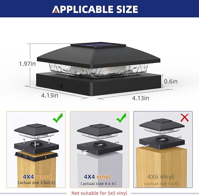 APONUO Solar Post Cap Lights for 4x4 Wood & Vinyl Posts, IP44 Waterproof Cool White LED 4x4 Post Solar Lights, Outdoor Garden Patio Yard Decor, 6 Pack (Black)