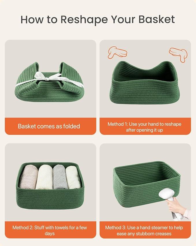 KALLAX Small Woven Basket, 12 x 8 x 4.5 Inches, Storage Basket for Organizing, Cute Small Rope Shelf Closet Cube Storage Bins Baskets for Shelves, Dog Toy Gift Baskets Empty, 3 Packs, Green