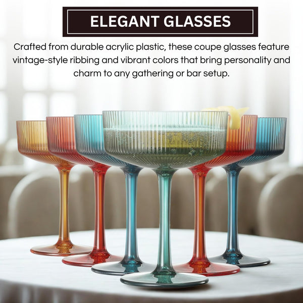 Shatterproof Acrylic Ribbed Vintage Art Deco Martini Set of 6