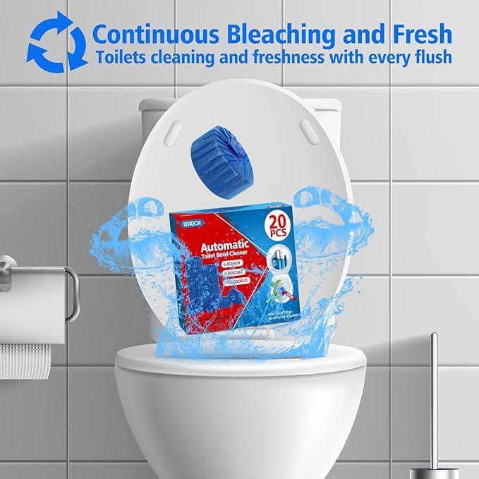 USKICH Toilet Bowl Cleaner Tablets 20 PACK, Bathroom Automatic Toilet Tank Blue Cleaners with Bleach, Slow-Releasing Household Toilet Cleaners for Deodorizing, Descaling, against Tough Stains