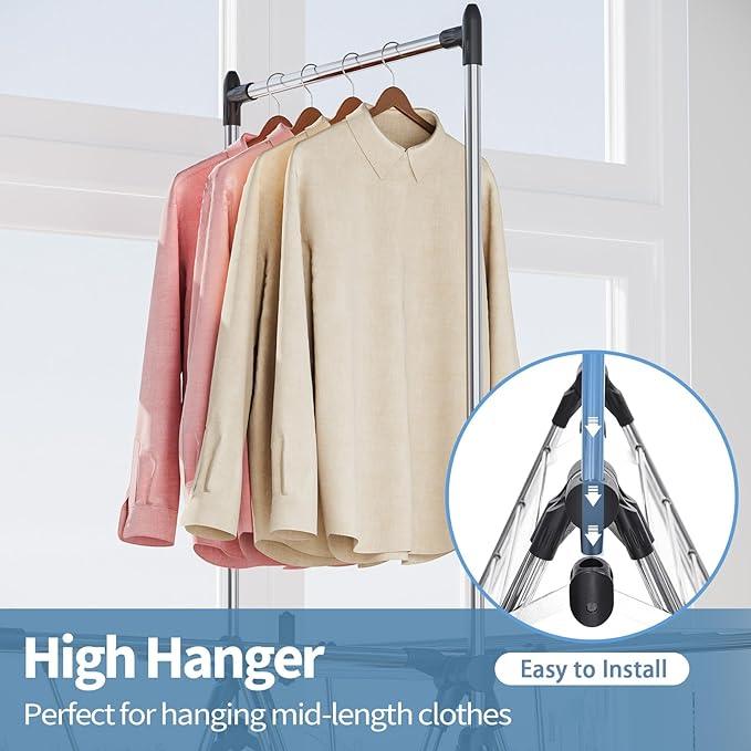 APEXCHASER Clothes Drying Rack with High Hanger, Foldable 3-Level Drying Racks with Shoe Rack, Crossbar and Vertical Rod Laundry Stand with Adjustable Wings Silver