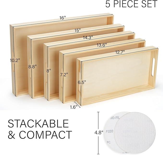 LotFancy Wooden Nested Serving Trays, Set of 5, Unfinished Natural Wood Trays with Handles, for Craft and Decor, Food Organizer for Breakfast, Lunch, Dinner