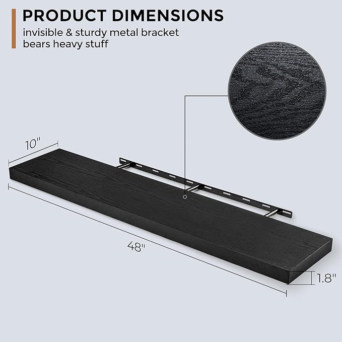 Floating Shelves - 10.3 Inch Deep Wall Shelf for Decor & Storage - Wall Mounted Display Shelving with Invisible Heavy-Duty Metal Bracket - 48