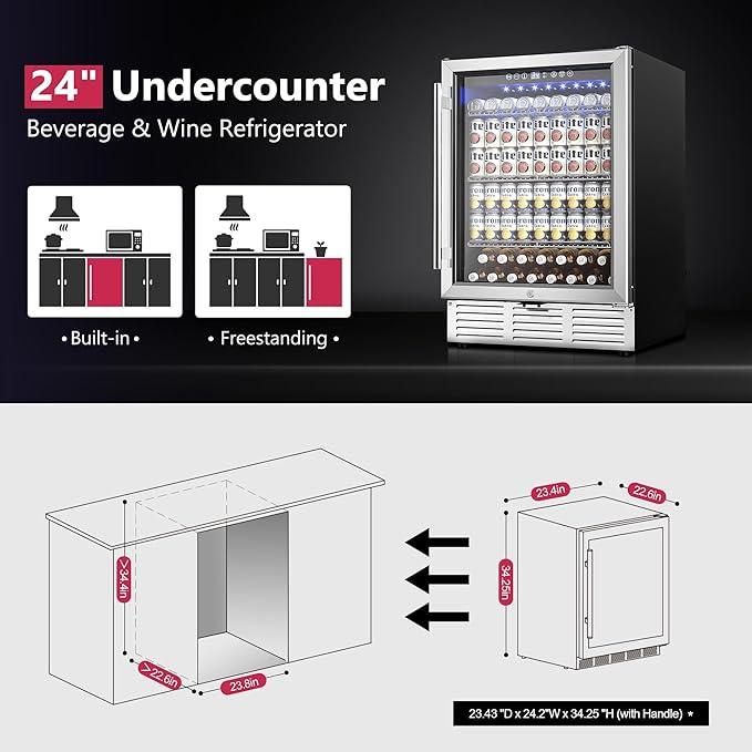 24 Inch Beverage Refrigerator, Beverage Cooler 180 Can Built-in Design, Under Counter Beer Fridge with Glass Door for Soda, Wine, Water - For Kitchen, Office or Bar