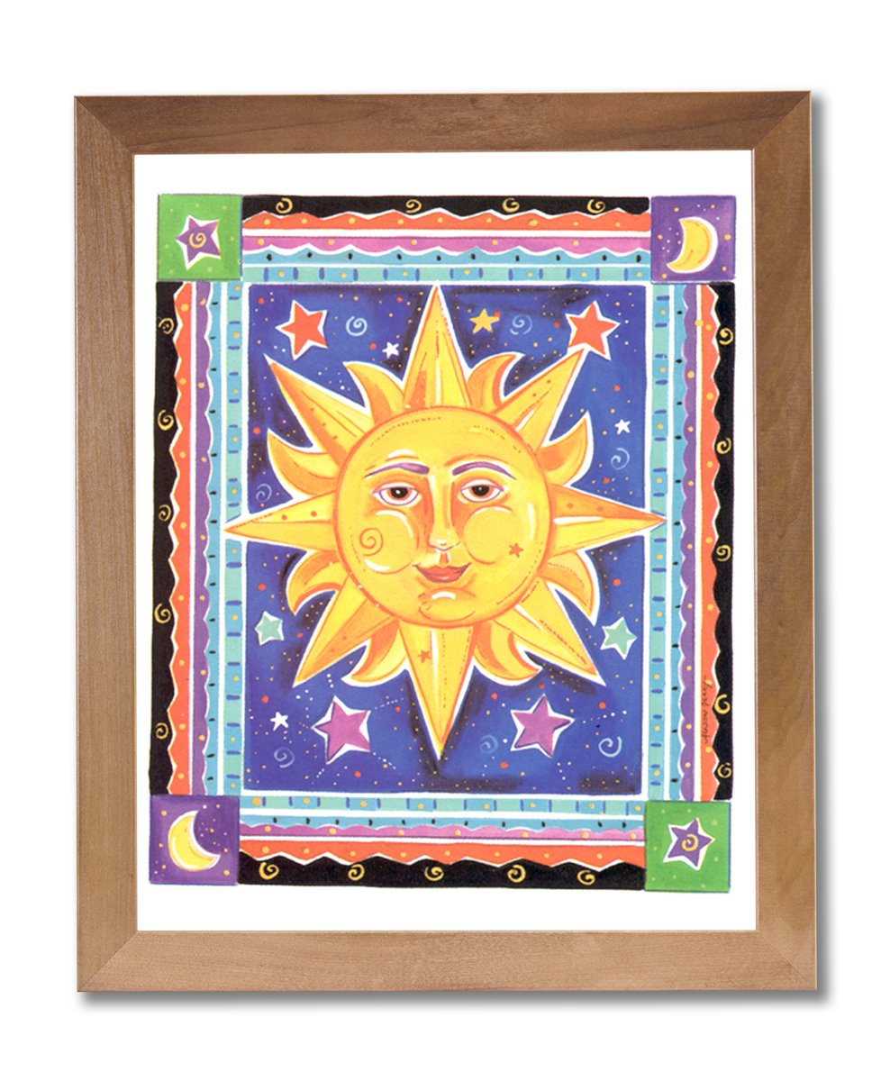 Kids Room Wall Art - Celestial Sun Galaxy Print | Honey Wood Frame 19x23 Inches