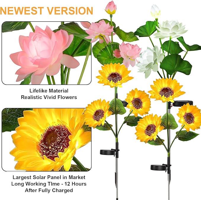 Solar Flower Lights - 4 Pack Outdoor Waterproof Sun Powered Lotus Sunflowers Landscape Decorative Glowing Lights for Yard, Lawn, Patio, Pathway