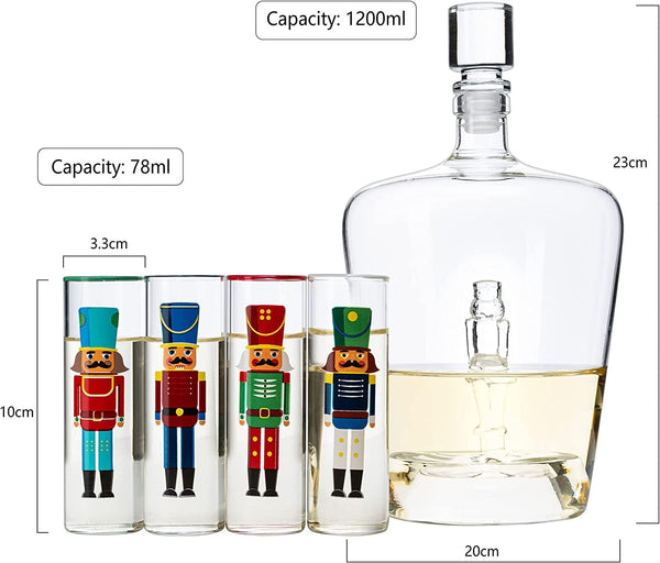 Nutcracker Decanter & Glasses, Set of 5 - Glassware Nutcrackers Theme & Shot Glass, Wine & Spirits - 40oz Bottle & 2oz - Holiday Spirit & Cheer Decor, Festive Themed Winter, Xmas Decorations