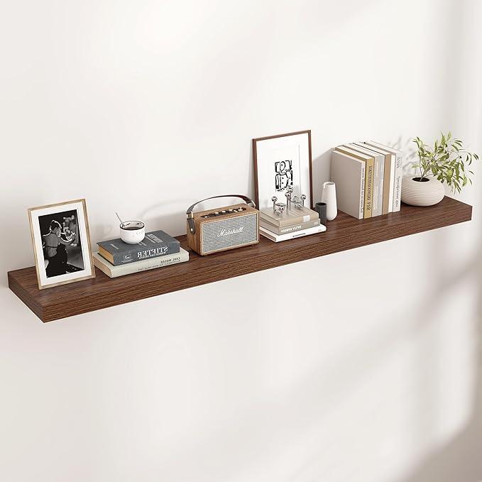 Floating Shelves for Wall, Large Wall Mounted Shelves with Invisible Brackets, Long Wood Floating Shelf for Living Room, Bedroom, Kitchen, (Walnut, 55