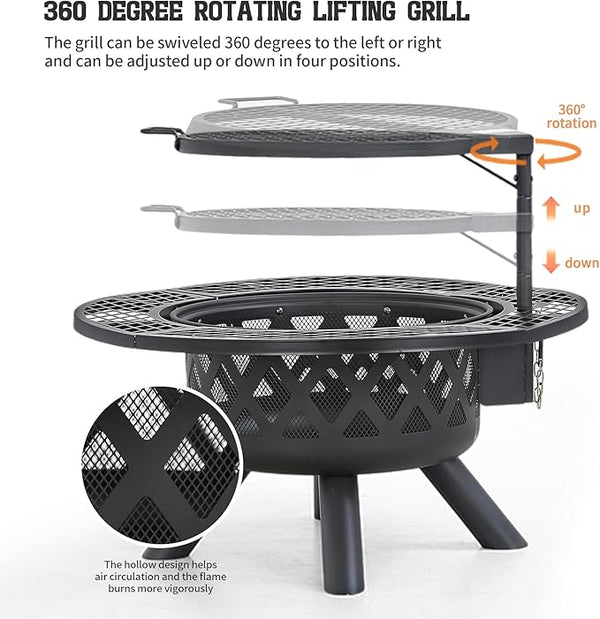 BALI OUTDOORS Fire Pit with Poker, 32 inch Outdoor Fire Pit Patio, Wood Burning Firepits for Outside with Grill