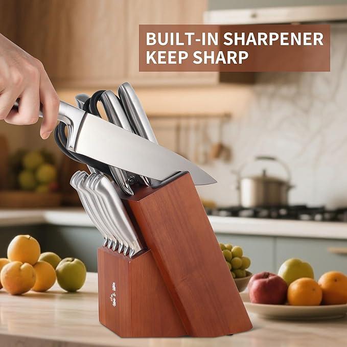 ZHANG XIAO QUAN SINCE 1628 15Pcs Knife Block Set,kitchen knife set with Built-in Sharpener Razor-Sharp High Carbon Stainless Steel Dishwasher Safe(Silver)