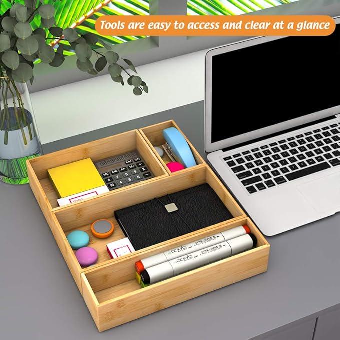 Bamboo Kitchen Drawer Organizer, Wooden Storage Box for Utensil Organizer Silverware Tray Cutlery Holder Flatware Containers - Multi-Use Deep Drawer Dividers Organizer for Bathroom, Jewelry (9