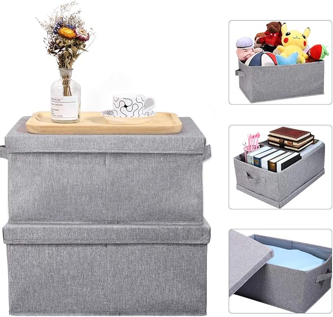 HOONEX Linen Foldable Storage Bins with Lids, 2 Pack, Storage Boxes with Carrying Handles and Sturdy Heavy Cardboard, 16.5