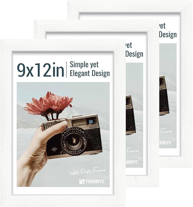 9x12 Frame 3 Pack - White Woodgrain, HD Tempered Glass, 9 x 12 Picture Frame for Photos, Tabletop or Wall Display