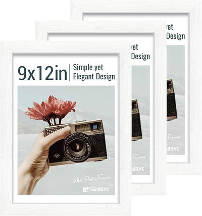 9x12 Frame 3 Pack - White Woodgrain, HD Tempered Glass, 9 x 12 Picture Frame for Photos, Tabletop or Wall Display