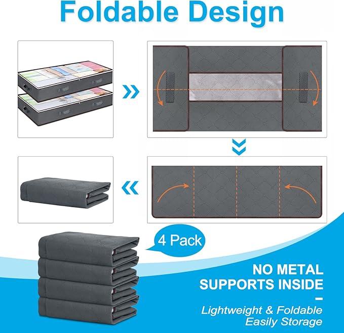 Budding Joy 90L Under Bed Storage Containers, Closet Organizers and Storage Bins, Foldable Underbed Storage Bags for Blanket, Clothing, Comforter, Sweaters, Pillows, Linen Sheets, Wrapping Paper, Grey