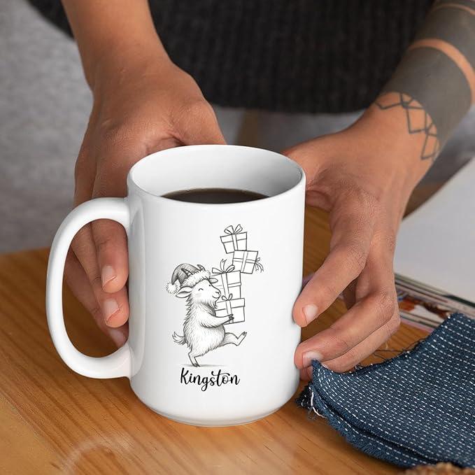Goat Coffee Mug Gift, Personalized Name Goat Lover Ceramic Coffee Cup 11 Oz 15 Oz, Customized Goats Tea Mug Gift for Birthday/Christmas/Special Day/Holiday, Funny Animal Goats White Accent Cup