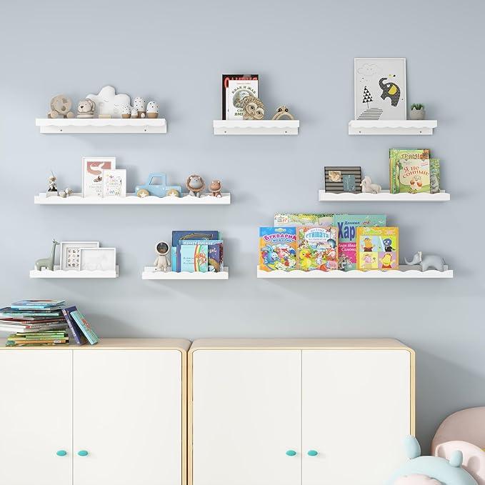 Fun Memories Picture Ledge Shelf for Wall, 36 inch Pine Wood Nursery Book Shelves Set of 2- Wall Book Shelves for Kids Room, Home Decor - Kitchen Spice-White