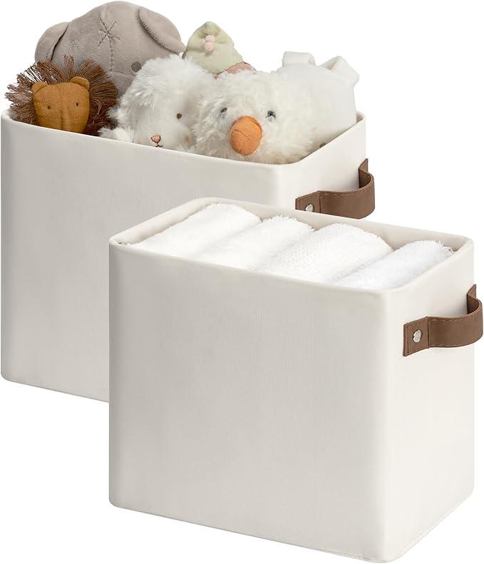 StorageWorks Narrow Storage Bins, Small Basket for Closet and Shelves, Rectangular Fabric Organizer with Handles, Toilet Paper Storage, Beige, 2-Pack