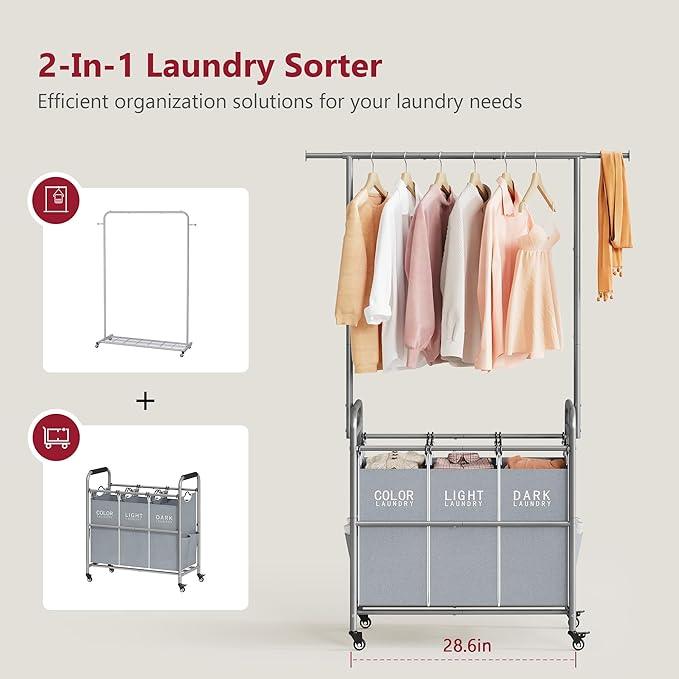 Tajsoon Laundry Sorter with Hanging Bar, 3 Section Rolling Laundry Hamper with Heavy Duty Lockable Wheels, Laundry Basket with Hanging Rack for Bedroom, 3 Gray
