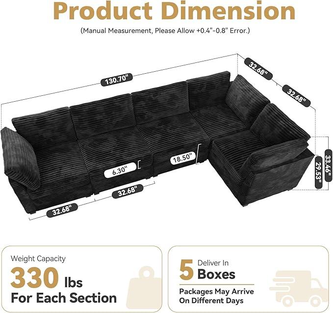 Modular Sectional Sofa with Chaise U Shaped Sectional Couch for Living Room, 5-Seater Comfy Cloud Couches, Plush Corduroy, Black