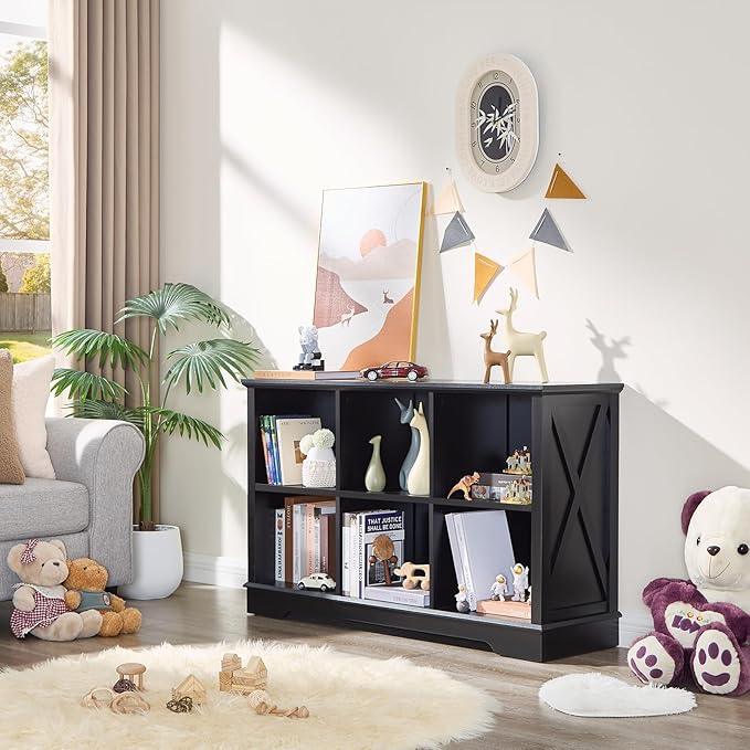 Farmhouse 6 Cube Bookshelf, Black Storage Organizer Bookcase, Kids Toy Storage Cabinet, Long Bookshelves Storage Organizer Shelf, Wood Display Cabinet Book Shelves for Bedroom,Living Room,Office