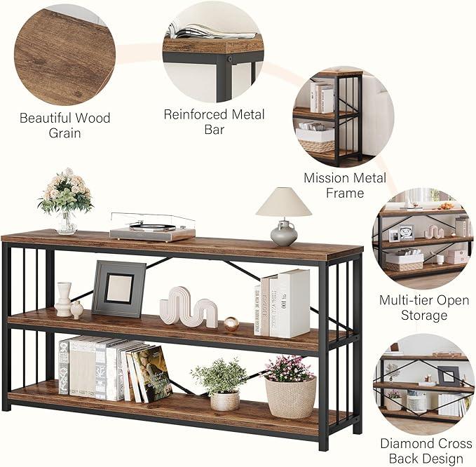 LVB Rustic Entryway Table, Industrial Extra Long Hallway Sofa Table, Wood Metal Narrow Console Table with Storage Shelf, Modern Skinny Couch Table for Foyer Living Room Bedroom, Rustic Brown, 70 Inch
