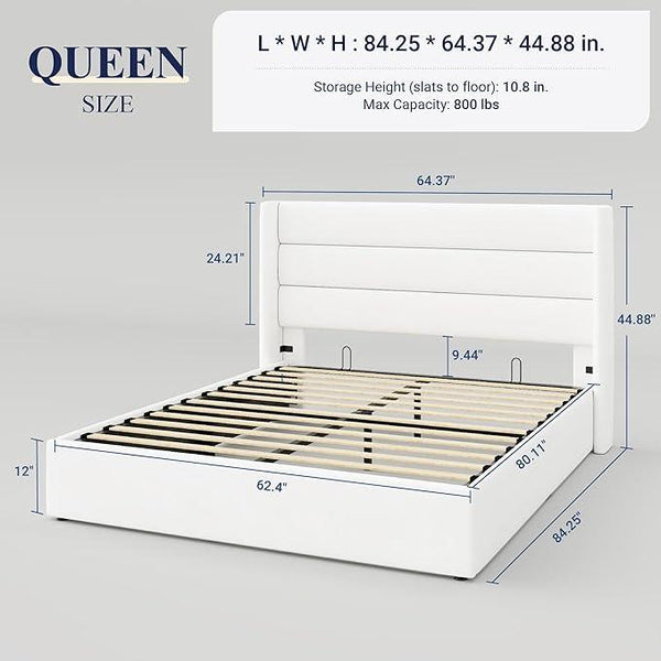Allewie Queen Size Velvet Lift Up Storage Bed, Modern Wingback Headboard, Hydraulic Support, No Box Spring Needed, White