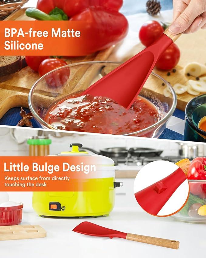 Multifunction Spatula Spoon for Nonstick Cookwares, Great for Cooking and Serving, Sturdy BPA-Free Matte Silicone, Wood Handle Spatula for Mixing, Scoop, and Scrape, Red(2 pack,11.4