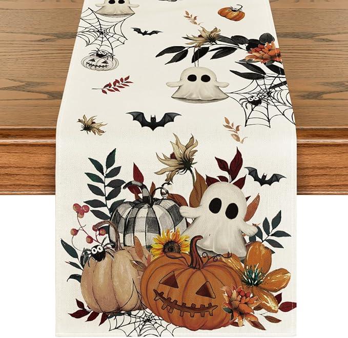 Artoid Mode Pumpkin Ghost Leaves Spider Web 210 GSM Halloween Table Runner, Spooky Kitchen Dining Table Decoration for Home Party Decor 13x108 Inch