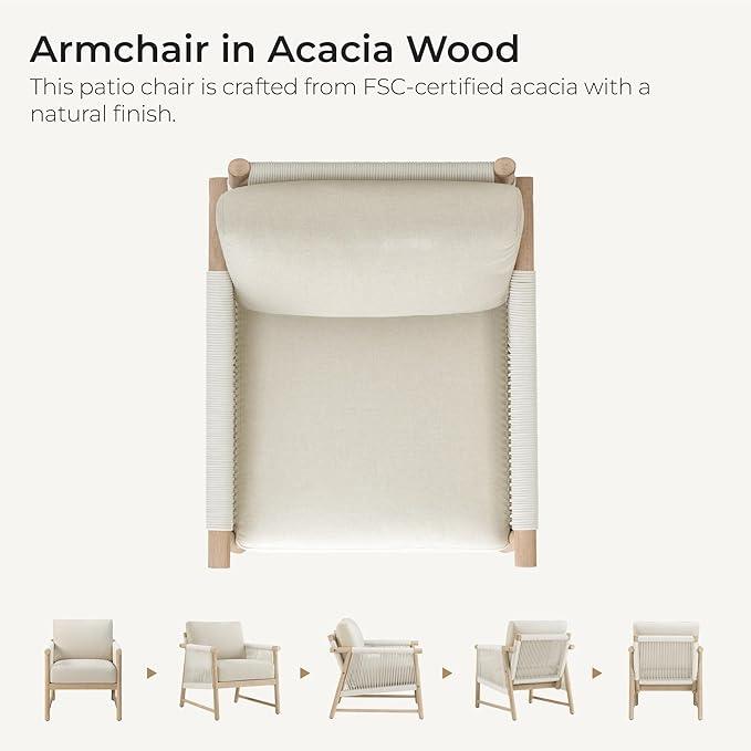CHITA Boho Patio Rattan Chair Set of 2, Outdoor Wicker Chair with 7.1″ Thickened Cushions Acacia Wood Frame(Cream)