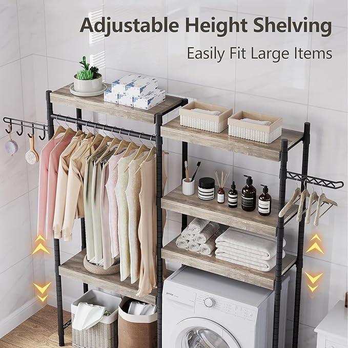CABIHOME 5-Tier Over-The-Washer Shelf - Adjustable Height Laundry Organizer Space Saver, Double-Layer 100lb Shelves, 2 Hooks for Bathroom/Balcony (Grey & Black)