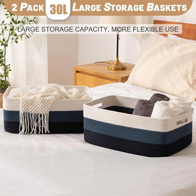 Large Storage Basket for Organizing, Woven Rope Basket for Shelves, Closet Organizer Bins for Clothes, Blanket, Toys, Baby Nursery Storage, 17.7