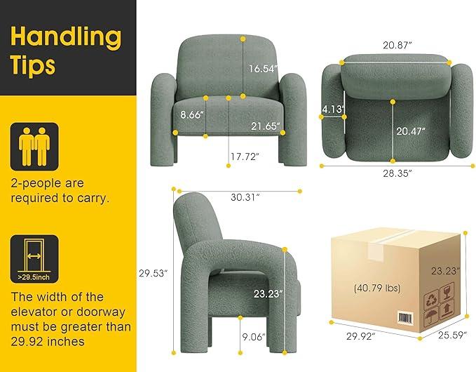 Modern Sherpa Accent Chair, Teddy Upholstered Arm Single Sofa, Cozy Fluffy Reading Chair for Living Room, Bedrooms, Corner (Mint Green)