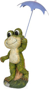 Alpine Corporation QWR1002 Indoor/Outdoor Smiling Frog with Purple Umbrella Garden Statue, Playful Frog Statue, 27