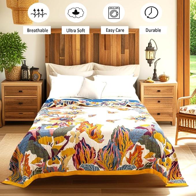 Boho Large Throw Blanket, 100% Organic Cotton Breathable Soft Bed King Throw - Fall Floral Bird Butterfly Farmhouse Decor Blanket for Sofa Couch Chair and Gift. 91