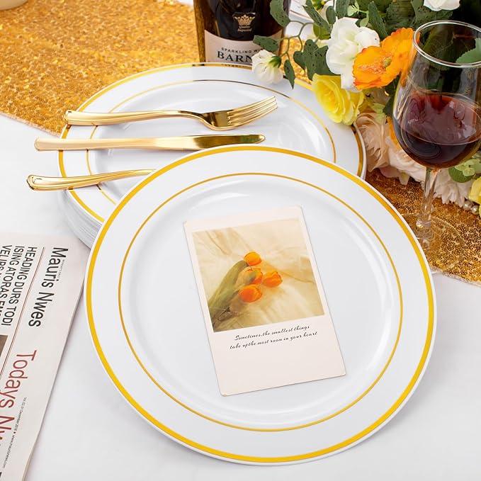 FLOWERCAT 60PCS Gold Plastic Plates - Heavy Duty White and Gold Plastic Plates Disposable for New Year/Thanksgiving Party/Wedding - Include 30PCS 10.25