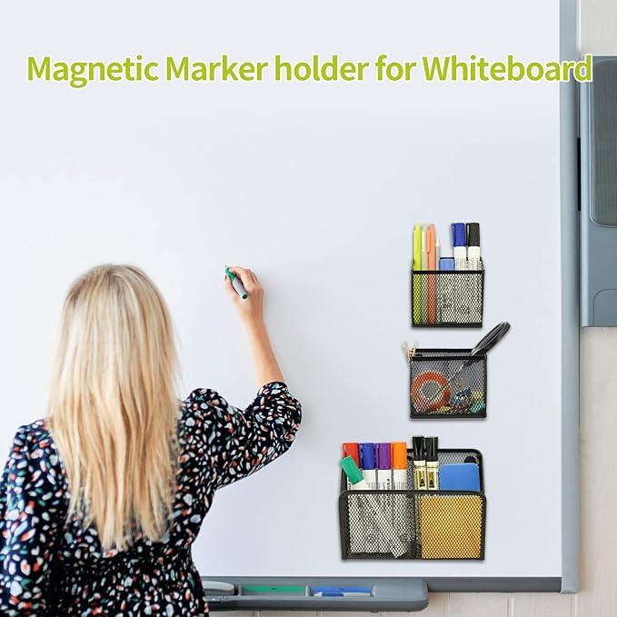 Neudeco Locker Shelf Organizer, Magnetic Pencil Holder, Metal Storage Basket for Whiteboard, Refrigerator, Ideal Cabinet for School, Black (Pack 3L)
