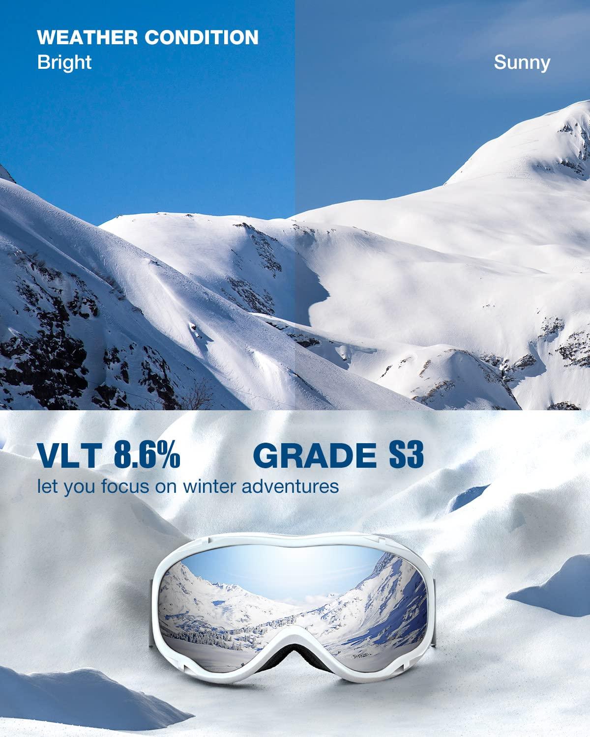 ZIONOR Lagopus Ski Snowboard Goggles, White Frame, Silver Lens