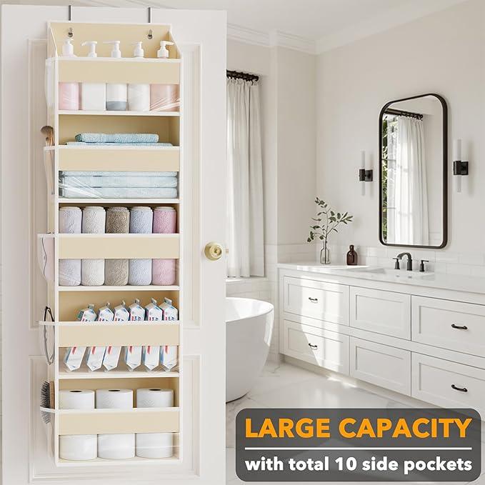 SpaceAid 2 Pack Over The Door Organizer with 5 Large Pockets and 10 Mesh Side Pockets, 5 Layers Door Organizer Hanging with Clear Window for Bedroom, Bathroom, Pantry and Nursery, Beige